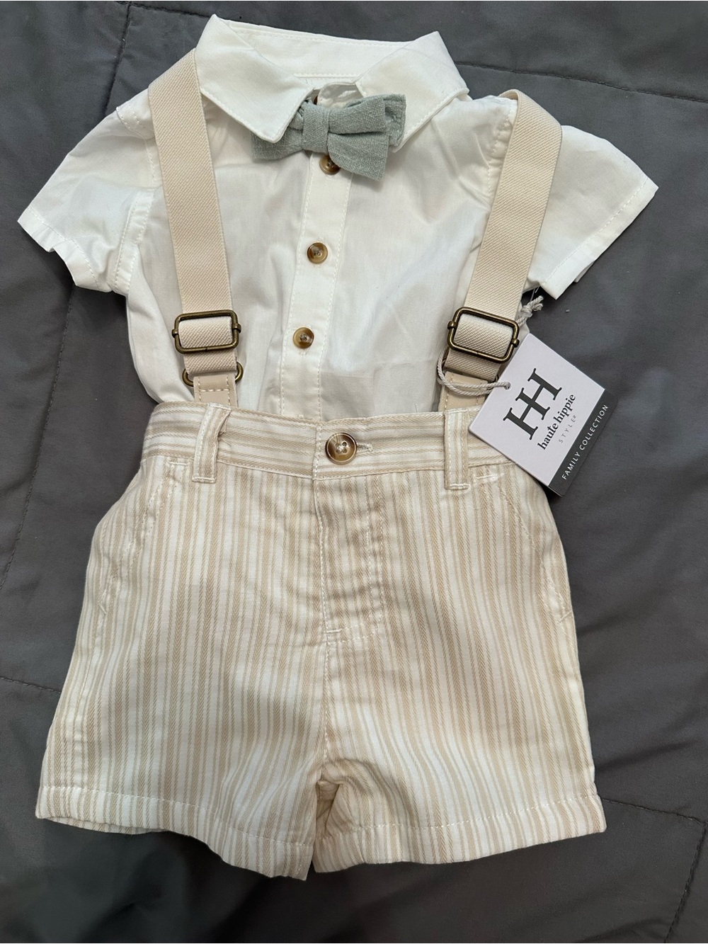 Baptism or Church Outfit - Cream Striped Kids Shorts with Suspenders